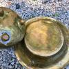 Antique Brass Spittoon and Basin Set, Hammered Finish, 17.5" Diameter, Heavy Patina, 3 Feet - 3