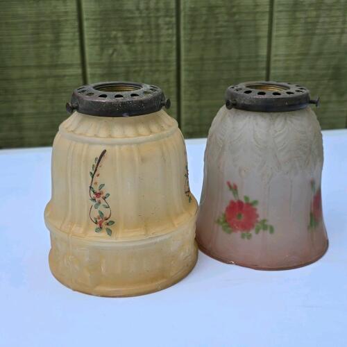 Pair of vintage Pressed Glass Lamp Shades, 2 1/8" Fitter, Floral Painted, Art Deco Era