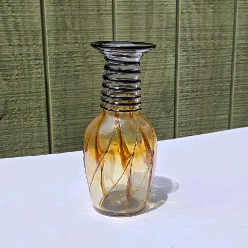 Hand-Blown Art Glass Vase by Kris Vallow, 2007, Amber with Dark Spiral Accents, 8.25" Tall