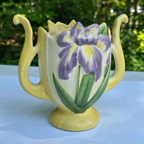 Vintage Double-Handled Pottery Vase, Iris Flower, Yellow Glaze, 8&rdquo; Tall