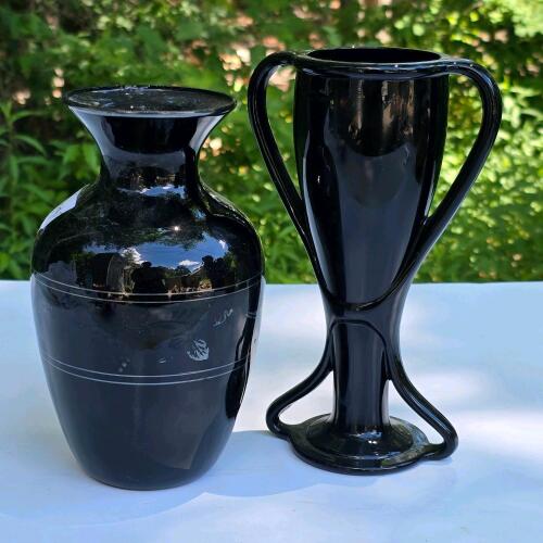 Vintage Pair Black Amethyst Glass Vases - 7.5" Engraved Floral, 9.5" Trophy Handled -