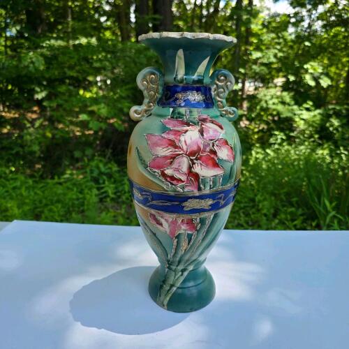 14" Hand-Painted Twin-Handled Relief Floral Ceramic Vase, Art Nouveau Style, Scalloped Rim
