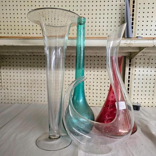 Set of 4 Decorative Glass Vases & Decanters - Hand-Blown, Etched Red Floral, Tallest 19.6&rdquo;