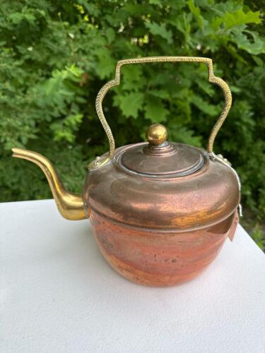 Vintage Brass and Copper Kettle, Ornate Brass Handle
