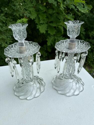 Vintage Pair of Crystal Luster Candle Holders with Hanging Prisms
