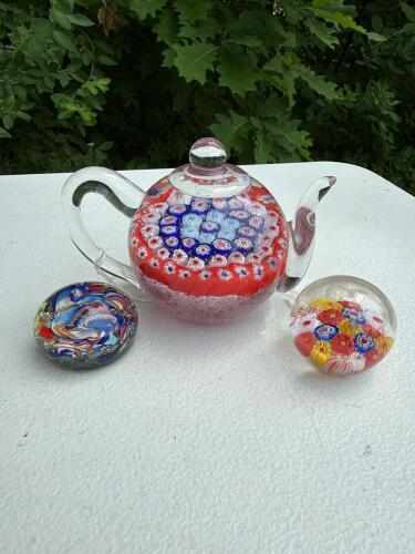 Murano-Style Millefiori Glass Paperweight Set: Teapot & Two Spheres