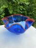 Cobalt Blue Art Glass Bowl with Ruffled Red Rim