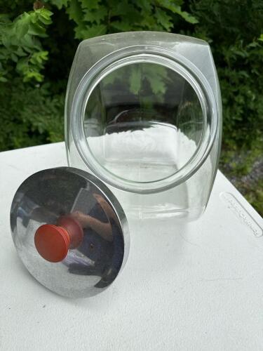 Vintage Glass Counter Candy Jar with Metal Lid and Red Knob