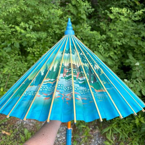 Vintage Xihu Silk Parasol with Bamboo Frame and Original Tube