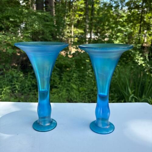 Pair of Iridescent Blue Art Glass Vases