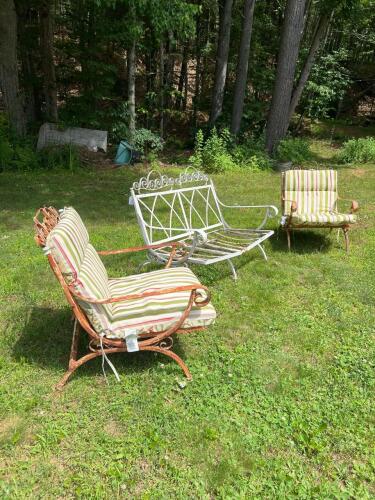 Vintage Wrought Iron Bench and Chairs Set with Cushions
