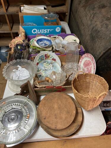 Large Lot Vintage Plates, Candle-lite Taper Candles, Glass Cake Stands, Wood Boards, Etc.