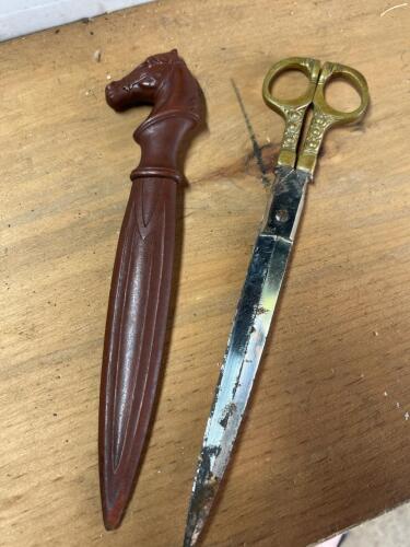 Antique M. WILLE German Brass Scissors & Letter Opener with Horse Head Sheath