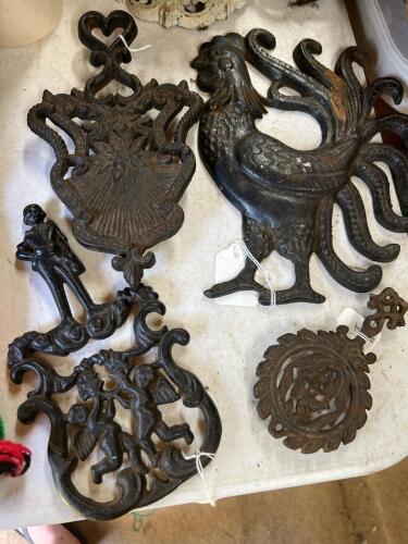 Three Cast Iron Trivets with Iron Rooster Placque