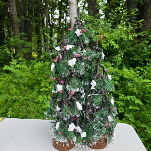 Set of 3 Artificial Tabletop Pine Trees with Flocked Branches and Red Berries