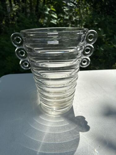 Clear Ribbed Glass Vase with Triple Ring Handles