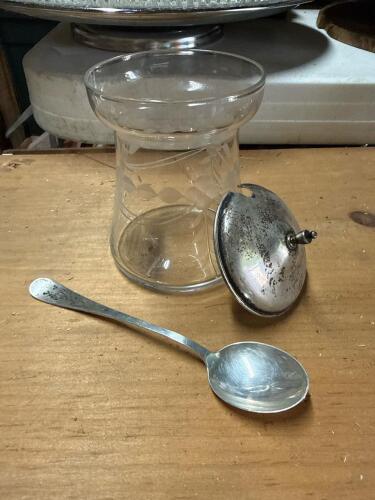Sterling Silver & Etched Glass Mustard Pot/Jam Jar with Lid & Matching Spoon