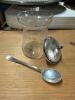 Sterling Silver & Etched Glass Mustard Pot/Jam Jar with Lid & Matching Spoon