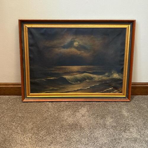 21.5&rdquo; x 16&rdquo; Vintage Framed Moonlit Seascape Oil Painting