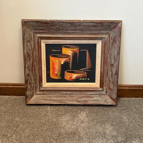18&rdquo; x 16&rdquo; Abstract Pottery Still Life Painting - Signed Cay S in a Rustic Wooden Frame