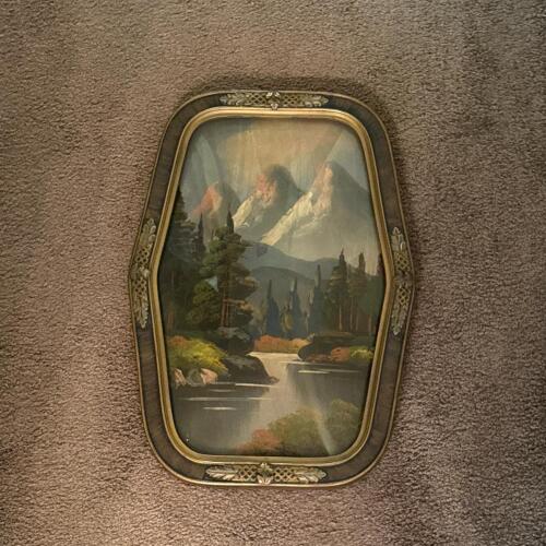 11&rdquo; x 16&rdquo; Vintage Framed Oil Painting &mdash; Mountain River Landscape
