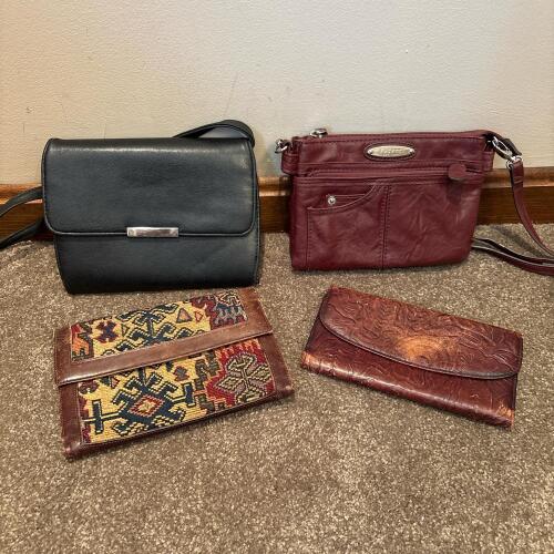 Four Vintage Women's Handbags and Wallets - Rosetti, Leather and Tapestry Style