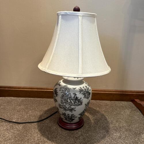 Traditional Porcelain Table Lamp with Black Transferware Pastoral Design
