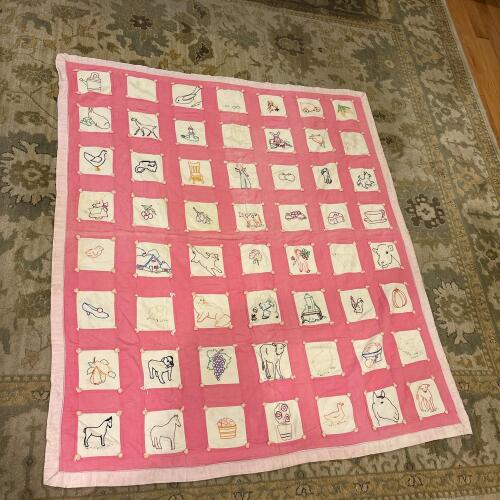 Handmade Animal Motif Embroidered Quilt - Pink and Lavender