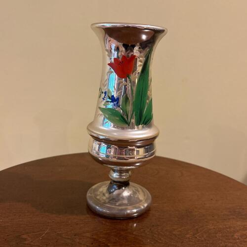 Vintage Lightweight Silver-Tone Metal Vase with Hand-Painted Floral Design