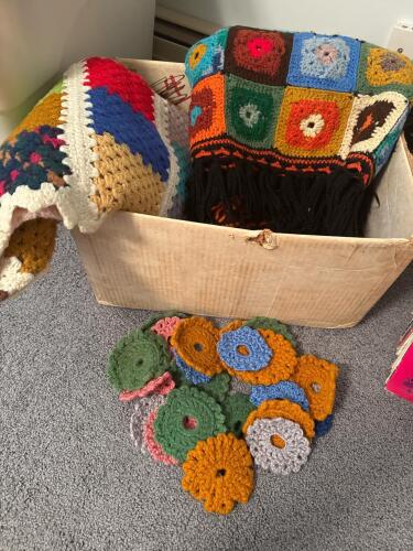 Multi-Color Handmade Crochet Granny Square Blankets with Black Fringe & Flower Motifs Included