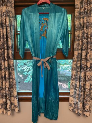 Turquoise Embroidered Silk Dragon Kimono Robe