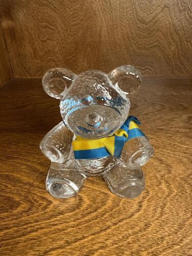 Clear Glass Teddy Bear Figurine with Blue & Yellow Ribbon