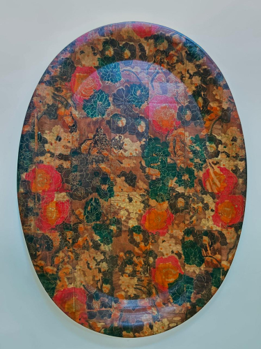 Large Vintage Wooden Oval Serving Tray, Floral Pattern
