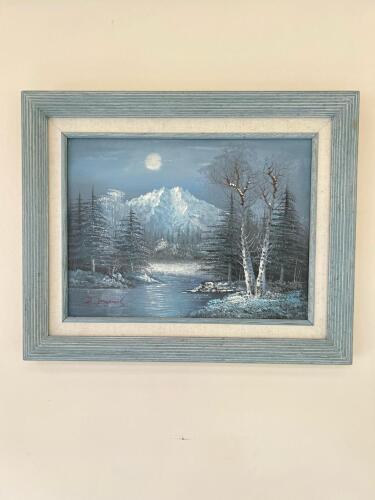Original Signed Painting, Framed 20.5"x17" Approximately, Mountain River Snow Scene