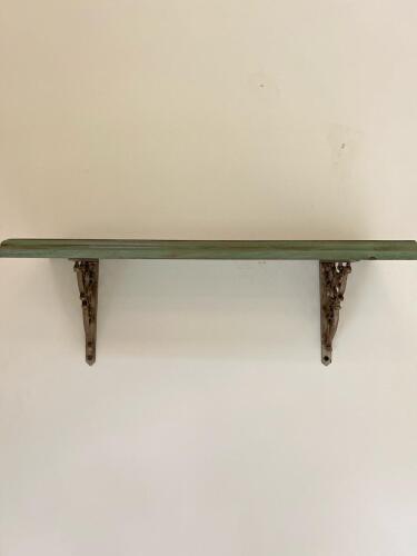 Green Wood Wall Shelf with Decorative Metal Brackets