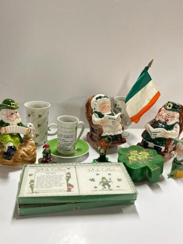 Irish-Themed Collectibles Lot: Schmid Music Box, Mugs, Ceramic Figurines