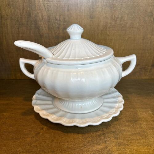 White Ceramic Soup Tureen Set with Underplate & Ladle