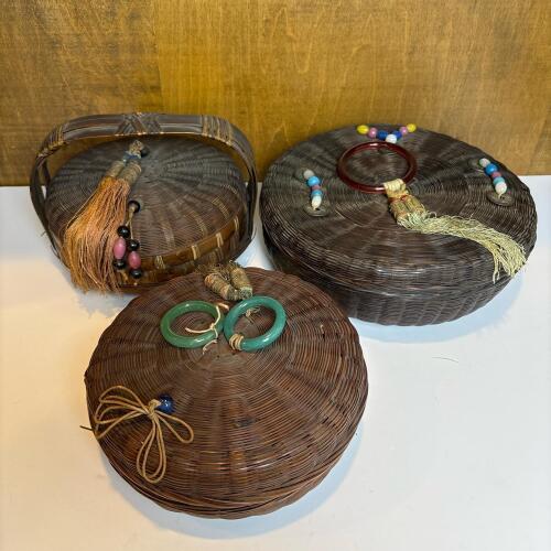 3 Vintage Woven Reed Sewing Baskets