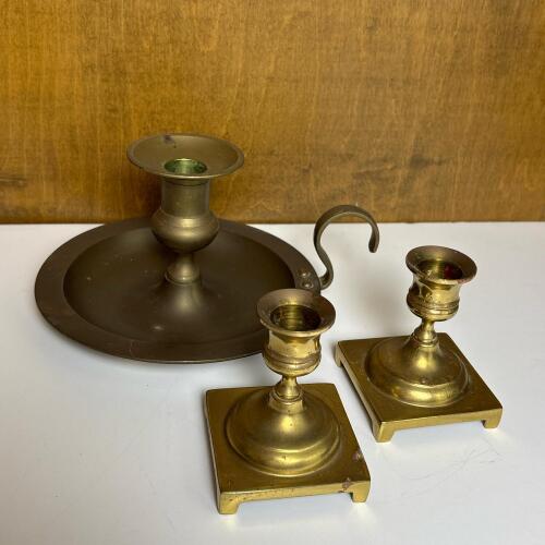 3 Solid Brass Candle Holders: Chamberstick & 2 Square Candlesticks