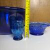 Blue Glass Lot: Large Mixing Bowl, Hobnail Dish, & Small Goblet - 9