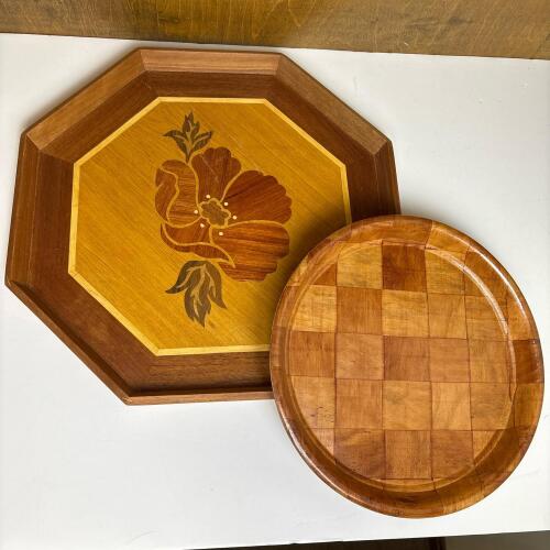 Two Handcrafted Wood Plates &ndash; Octagonal Floral Inlay & Round Checkered Design