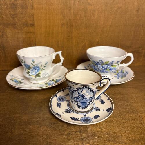 Rosina, Royal Windsor, and Elesya Delft Blue Tea Cup & Saucer Sets