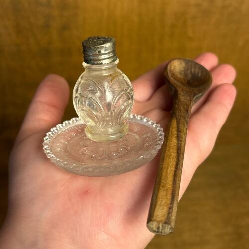Vintage Miniature Glass Salt Shaker, Pressed Glass Tray, & Wooden Spoon