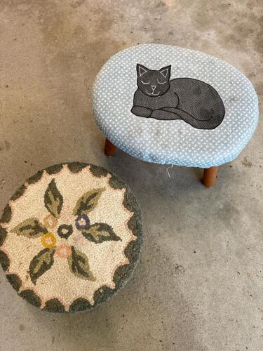 Vintage Hooked Floral Footstool & Cat Appliqu&eacute; Blue Oval Footstool Set