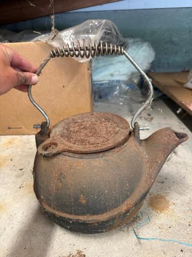 Vintage Cast Iron Kettle with Hinged Lid and Spring Handle