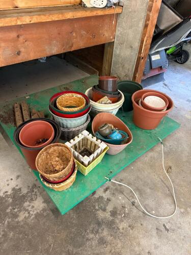 Large Assorted Garden Pots & Planters Lot With Rolling Cart
