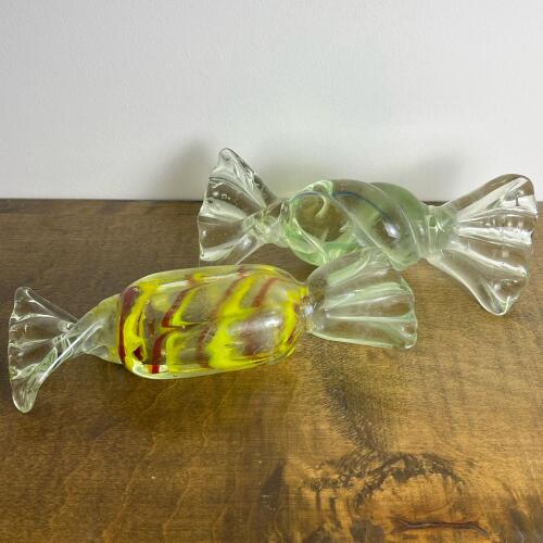 Pair Of Yellow/Red & Blue/Green Swirled Glass Candy Art Decor
