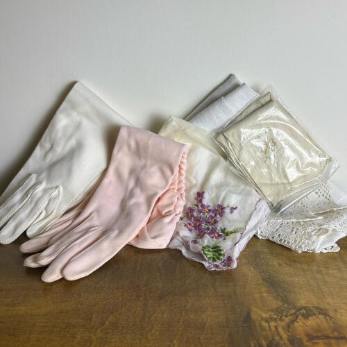 Vintage White & Pink Gloves with Floral Embroidered Handkerchiefs and Lace Linens Lot