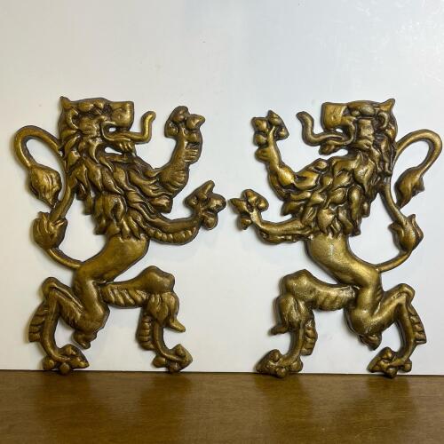 Pair Of Heraldic Lion Rampant Brass Wall Plaques