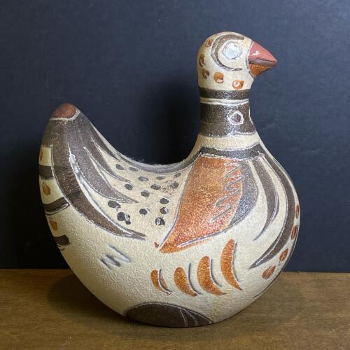 Mid-20th Century Hand-Painted Ceramic Bird Sculpture with Earth Tones and Stylized Details